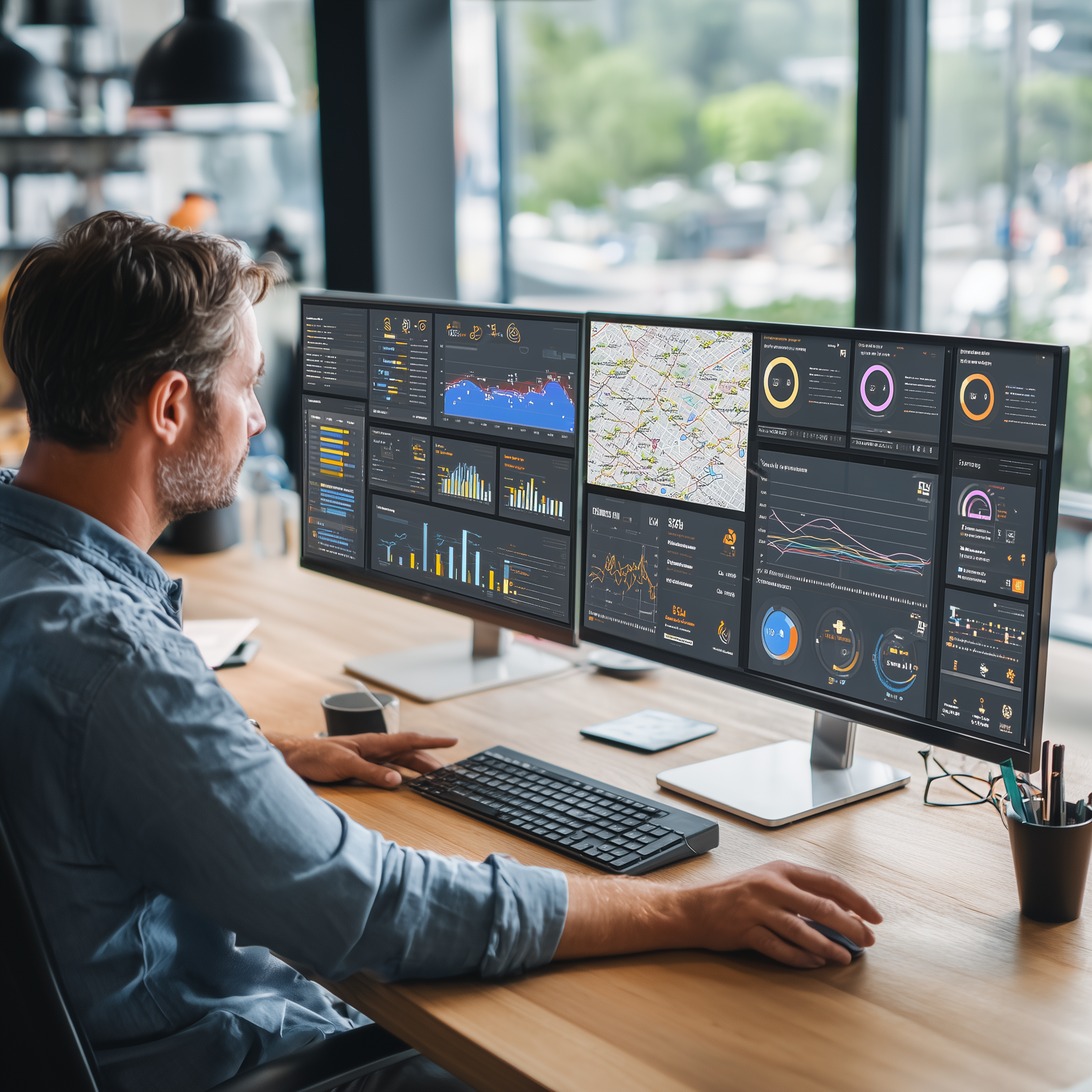 Strategic business consultant analyzing digital marketing data on multiple monitors in modern office workspace
