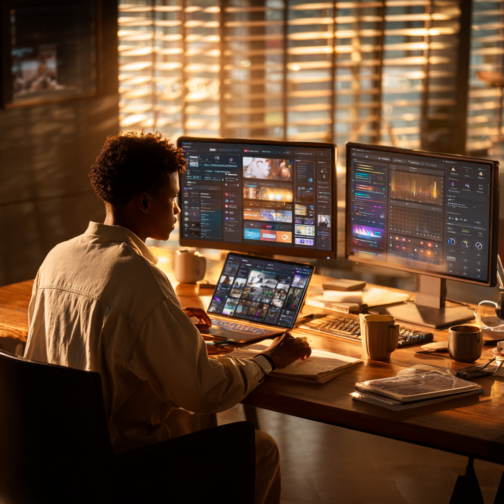 Professional consultant working intensively at multi-monitor setup demonstrating speed and technical competence for fast launch programs