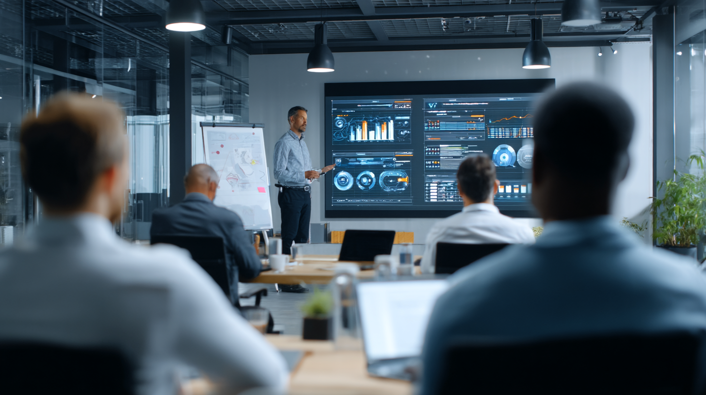Business consultant presenting growth strategies and data visualization to engaged team showing scaling expertise and measurable results