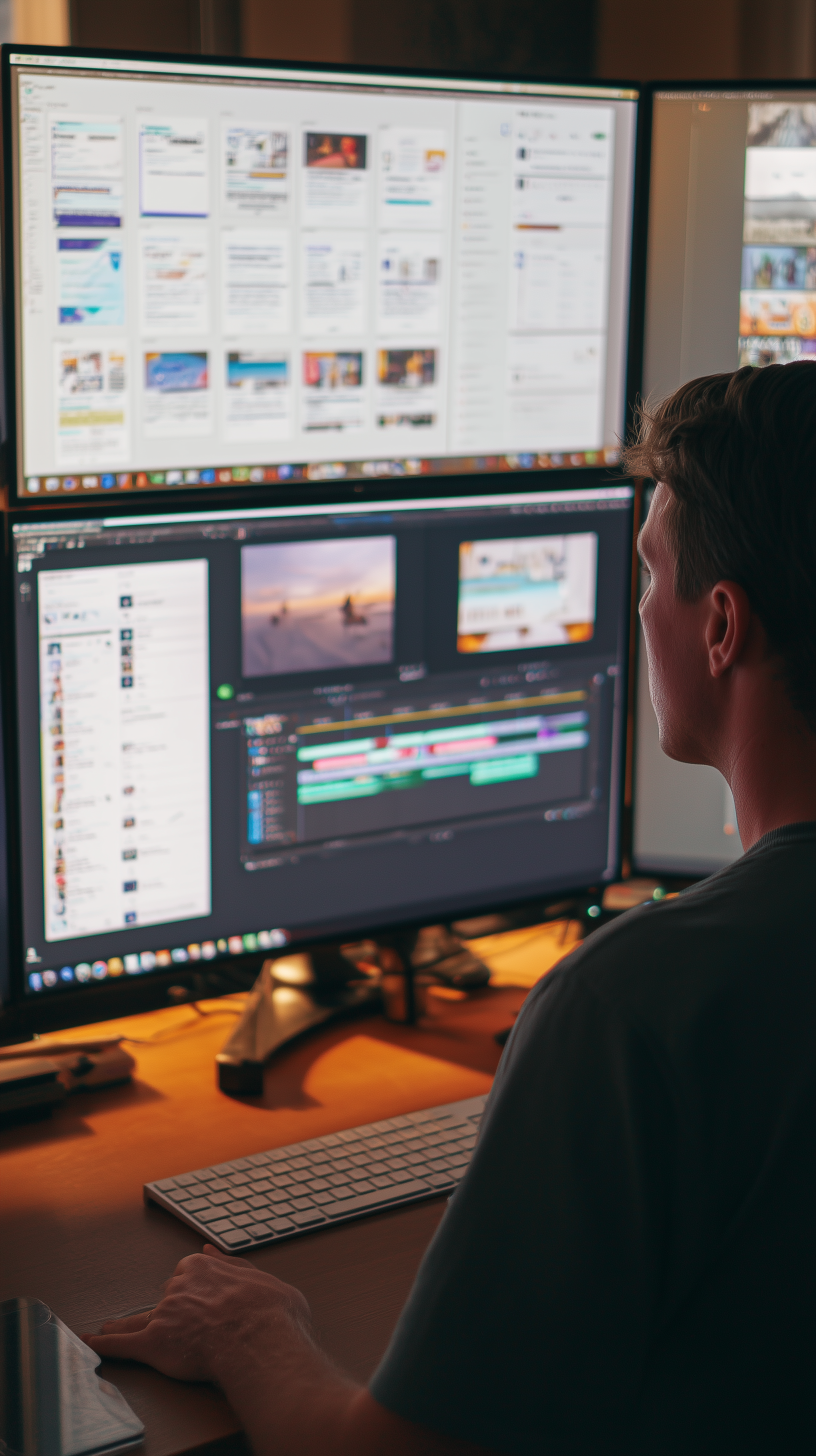Professional consultant working with multiple monitors showing technical expertise and sophisticated workspace environment